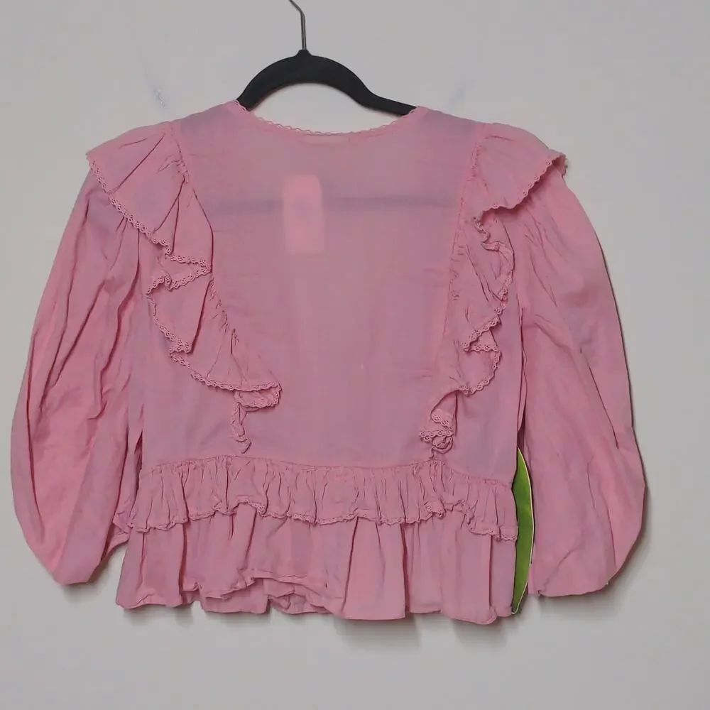 Farm Rio Puff-sleeve Ruffle Cotton Blouse In Pink – Size M– NWT